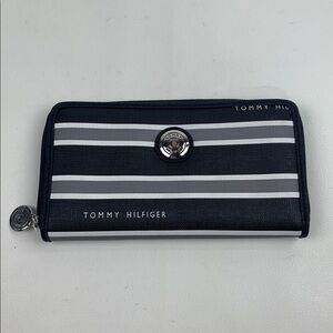 Tommy Hilfiger Black and Gray Striped Wallet Zip Around Silver Accents